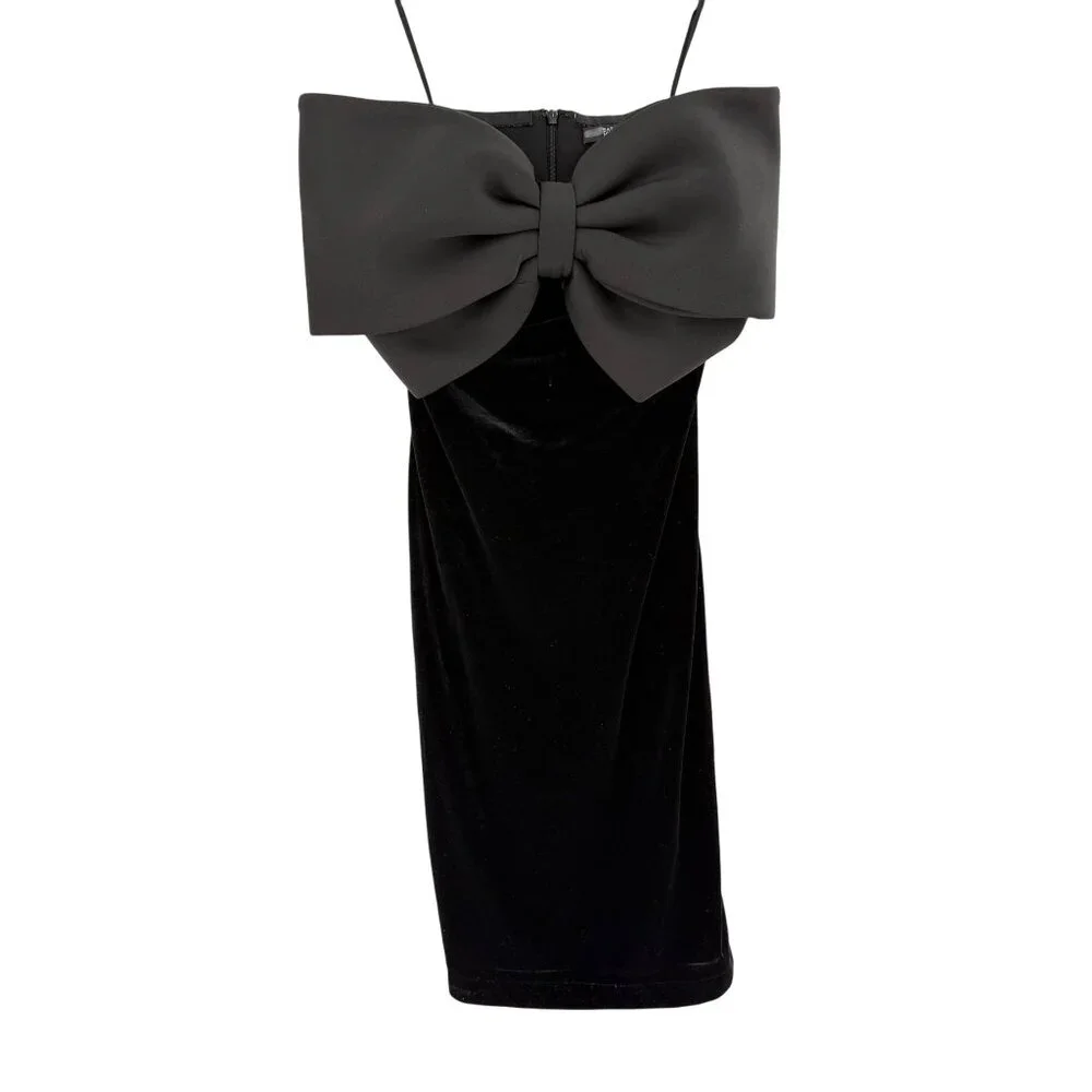 Badgley Mischka Black Strapless Velvet Dress W/ Oversized Bow Detail Size 6 - Picture 2 of 8